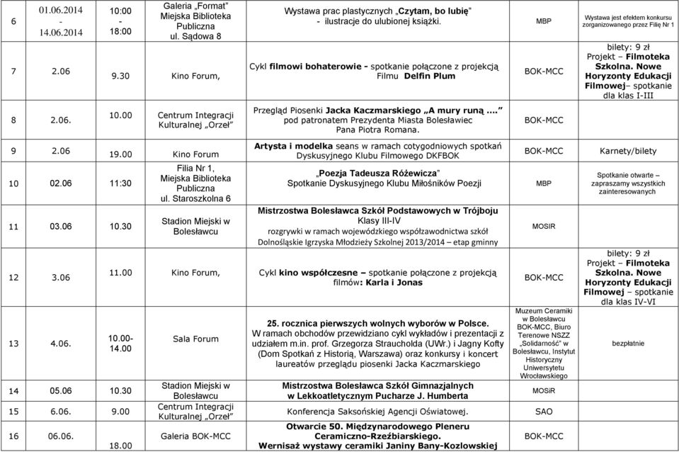 Nowe Horyzonty Edukacji Filmowej spotkanie dla klas IIII 8 2.06. 10.00 Przegląd Piosenki Jacka Kaczmarskiego A mury runą. pod patronatem Prezydenta Miasta Bolesławiec Pana Piotra Romana. 9 2.06 10 02.
