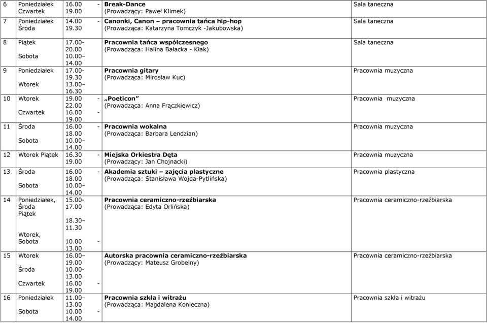 00 11 Środa 16.00 Sobota 10.00 14.00 12 Wtorek Piątek 16.30 13 Środa Sobota 14 Poniedziałek, Środa Piątek Wtorek, Sobota 15 Wtorek Środa Czwartek 16 Poniedziałek Sobota 16.00 10.00 14.00 15.00 17.