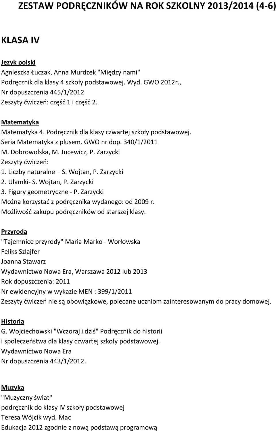 Dobrowolska, M. Jucewicz, P. Zarzycki Zeszyty ćwiczeń: 1. Liczby naturalne S. Wojtan, P. Zarzycki 2. Ułamki- S. Wojtan, P. Zarzycki 3. Figury geometryczne - P.