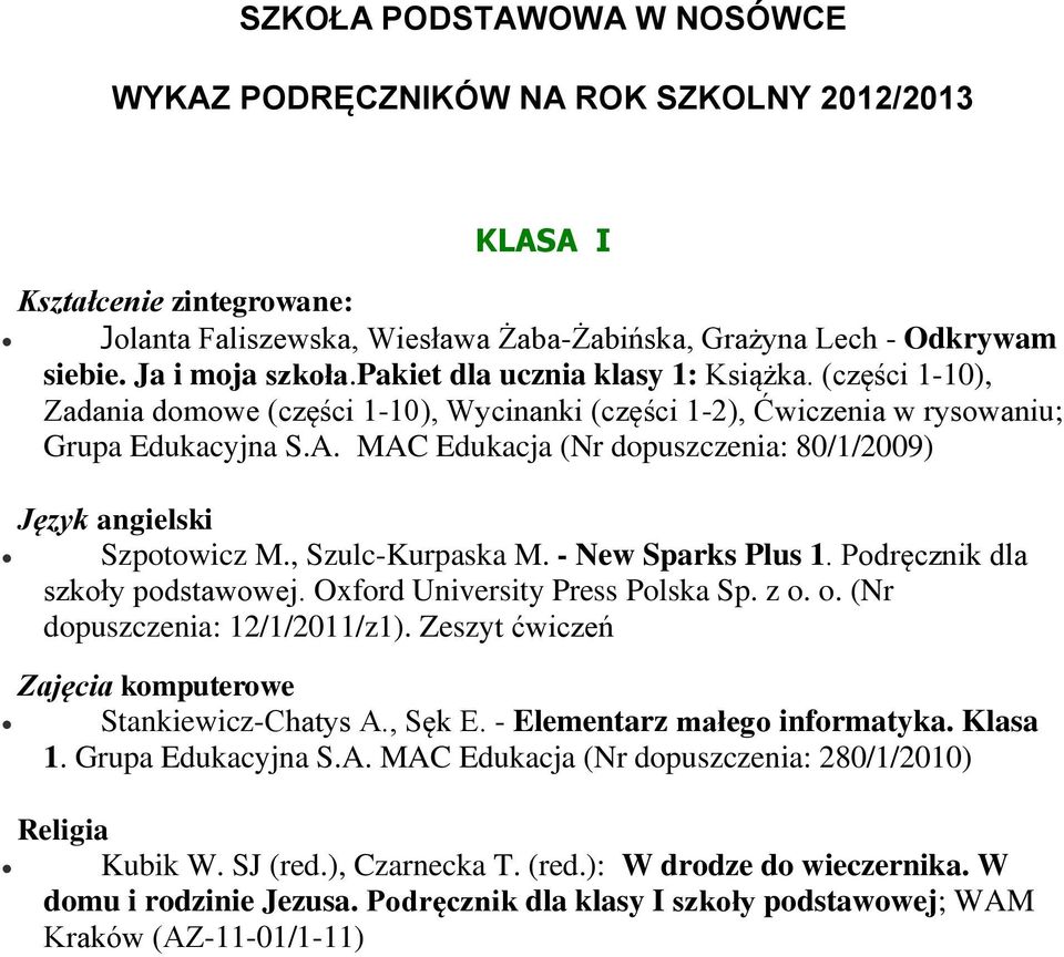 MAC Edukacja (Nr dopuszczenia: 80/1/2009) Szpotowicz M., Szulc-Kurpaska M. - New Sparks Plus 1. Podręcznik dla szkoły podstawowej. Oxford University Press Polska Sp. z o.