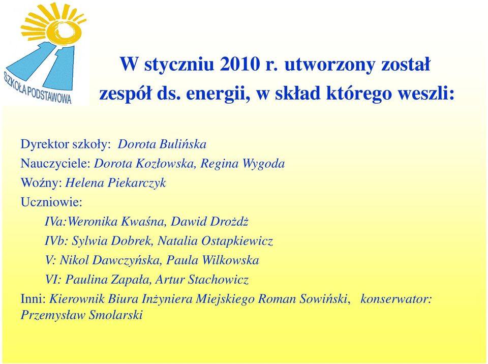 Wygoda Woźny: Helena Piekarczyk Uczniowie: IVa:Weronika Kwaśna, Dawid DroŜdŜ IVb: Sylwia Dobrek, Natalia