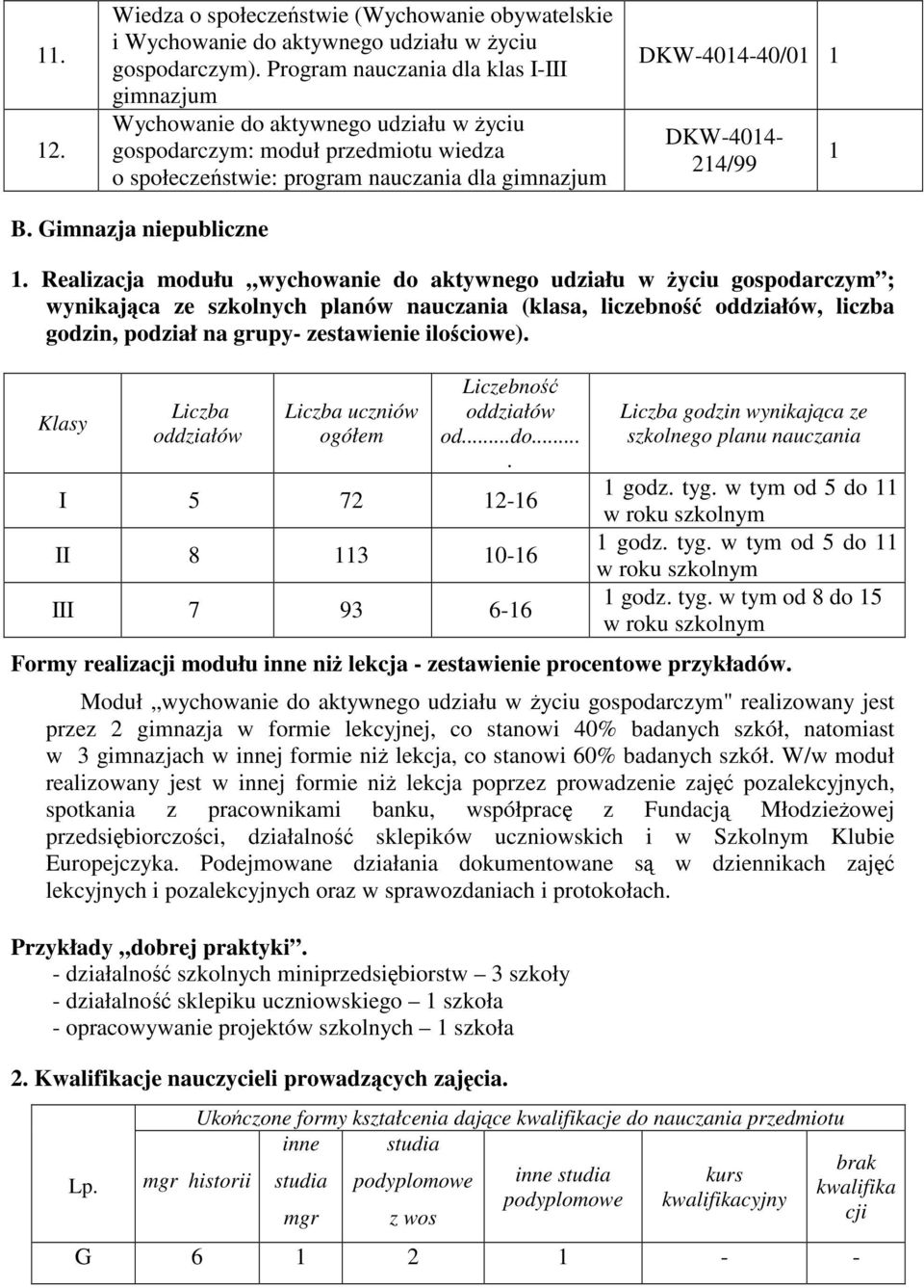 Gimnazja niepubliczne Realizacja modułu wychowanie do aktywnego udziału w yciu gospodarczym ; szkolnych planów (klasa, liczebno oddziałów, liczba godzin, podział na grupy- zestawienie ilociowe).