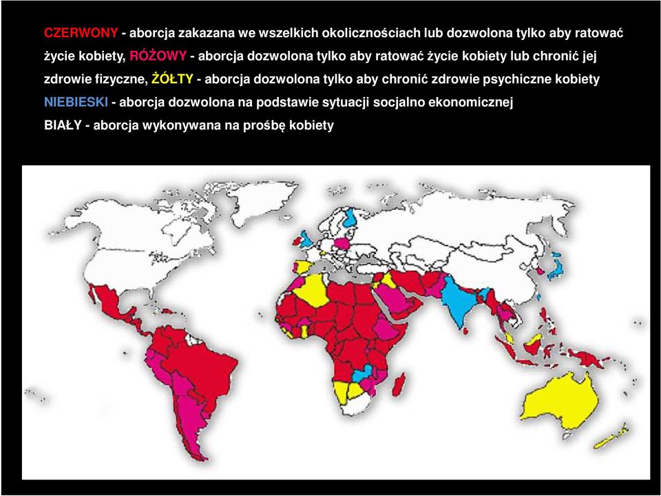 fizyczne, ŻÓŁTY - aborcja dozwolona tylko aby chronić zdrowie psychiczne kobiety NIEBIESKI -