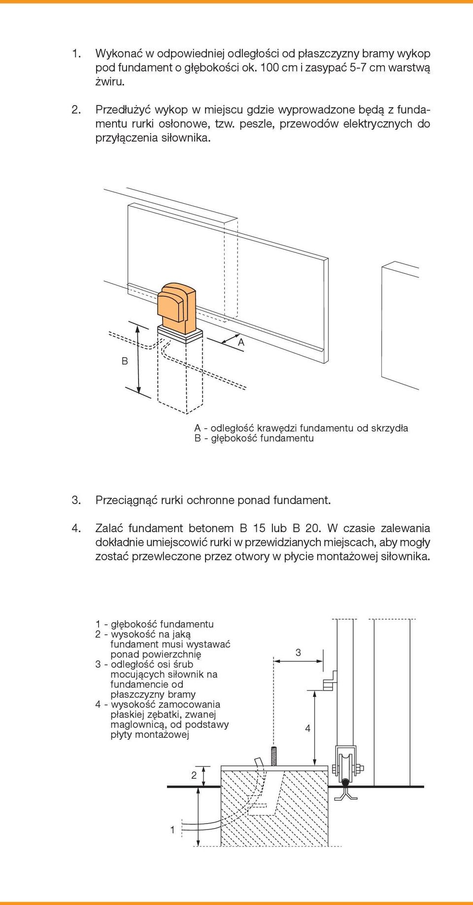 B A A - odległość krawędzi fundamentu od skrzydła B - głębokość fundamentu 3. Przeciągnąć rurki ochronne ponad fundament. 4. Zalać fundament betonem B 15 lub B 20.
