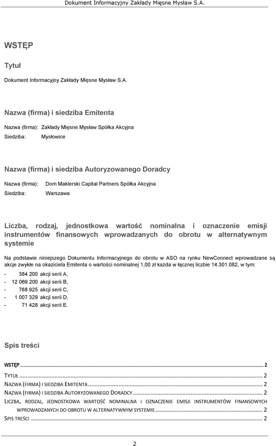 Capital Partners Spółka Akcyjna Warszawa Liczba, rodzaj, jednostkowa wartość nominalna i oznaczenie emisji instrumentów finansowych wprowadzanych do obrotu w alternatywnym systemie Na podstawie