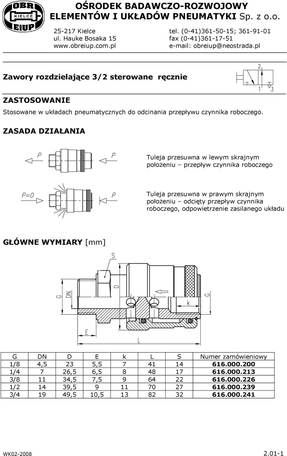 ZASADA DZIAŁANIA Tuleja przesuwna w lewym skrajnym połoŝeniu przepływ czynnika roboczego Tuleja przesuwna w prawym skrajnym połoŝeniu odcięty przepływ czynnika roboczego, odpowietrzenie zasilanego