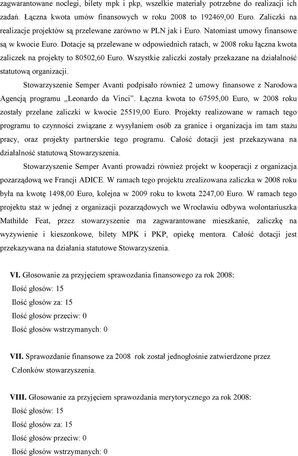 Dotacje są przelewane w odpowiednich ratach, w 2008 roku łączna kwota zaliczek na projekty to 80502,60 Euro. Wszystkie zaliczki zostały przekazane na działalność statutową organizacji.