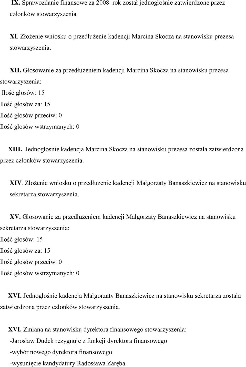 Złożenie wniosku o przedłużenie kadencji Małgorzaty Banaszkiewicz na stanowisku sekretarza XV.