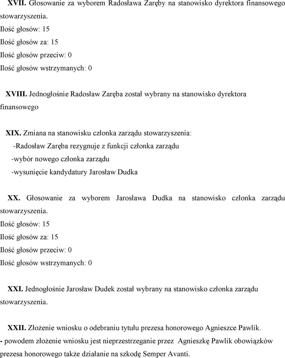 Głosowanie za wyborem Jarosława Dudka na stanowisko członka zarządu XXI. Jednogłośnie Jarosław Dudek został wybrany na stanowisko członka zarządu XXII.