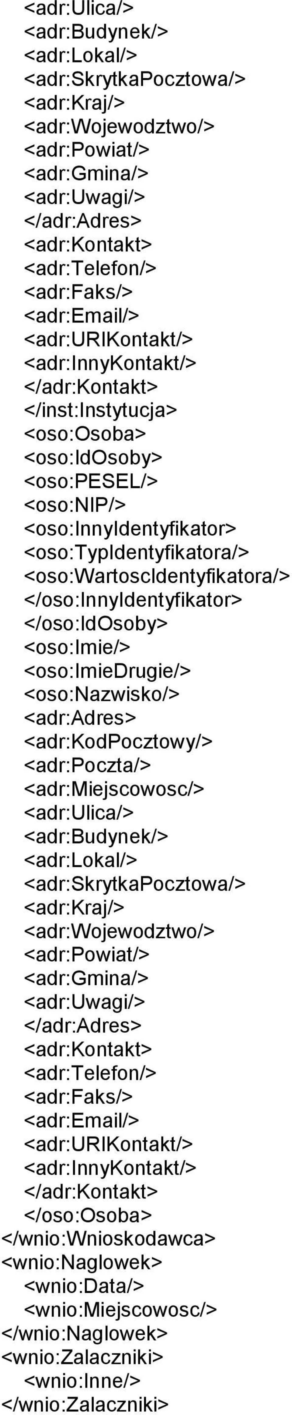 <oso:wartoscidentyfikatora/> </oso:innyidentyfikator> </oso:idosoby> <oso:imie/> <oso:imiedrugie/> <oso:nazwisko/> <adr:adres> <adr:kodpocztowy/> <adr:poczta/> <adr:miejscowosc/>  <adr:email/>