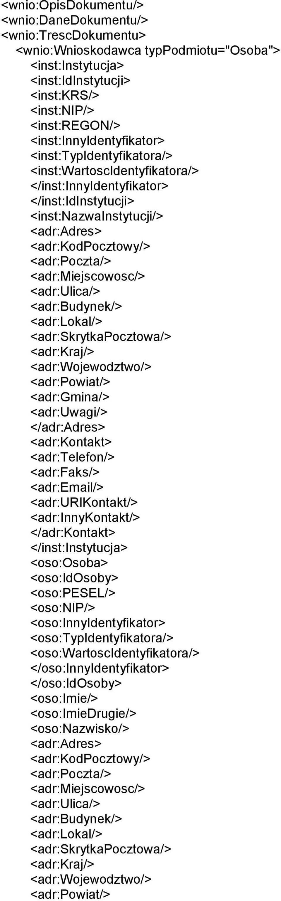 <adr:miejscowosc/> <adr:ulica/> <adr:budynek/> <adr:lokal/> <adr:skrytkapocztowa/> <adr:kraj/> <adr:wojewodztwo/> <adr:powiat/> <adr:gmina/> <adr:uwagi/> </adr:adres> <adr:kontakt> <adr:telefon/>