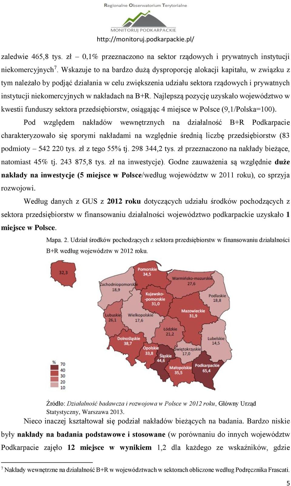 nakładach na B+R. Najlepszą pozycję uzyskało województwo w kwestii funduszy sektora przedsiębiorstw, osiągając 4 miejsce w Polsce (9,1/Polska=100).