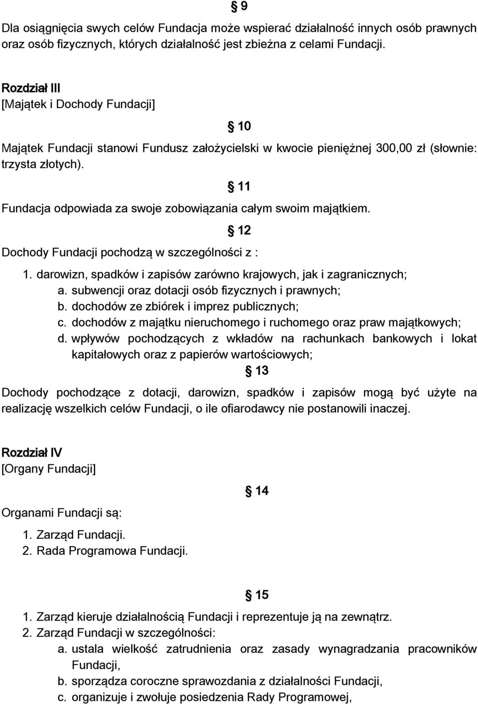 11 Fundacja odpowiada za swoje zobowiązania całym swoim majątkiem. 12 Dochody Fundacji pochodzą w szczególności z : 1. darowizn, spadków i zapisów zarówno krajowych, jak i zagranicznych; a.