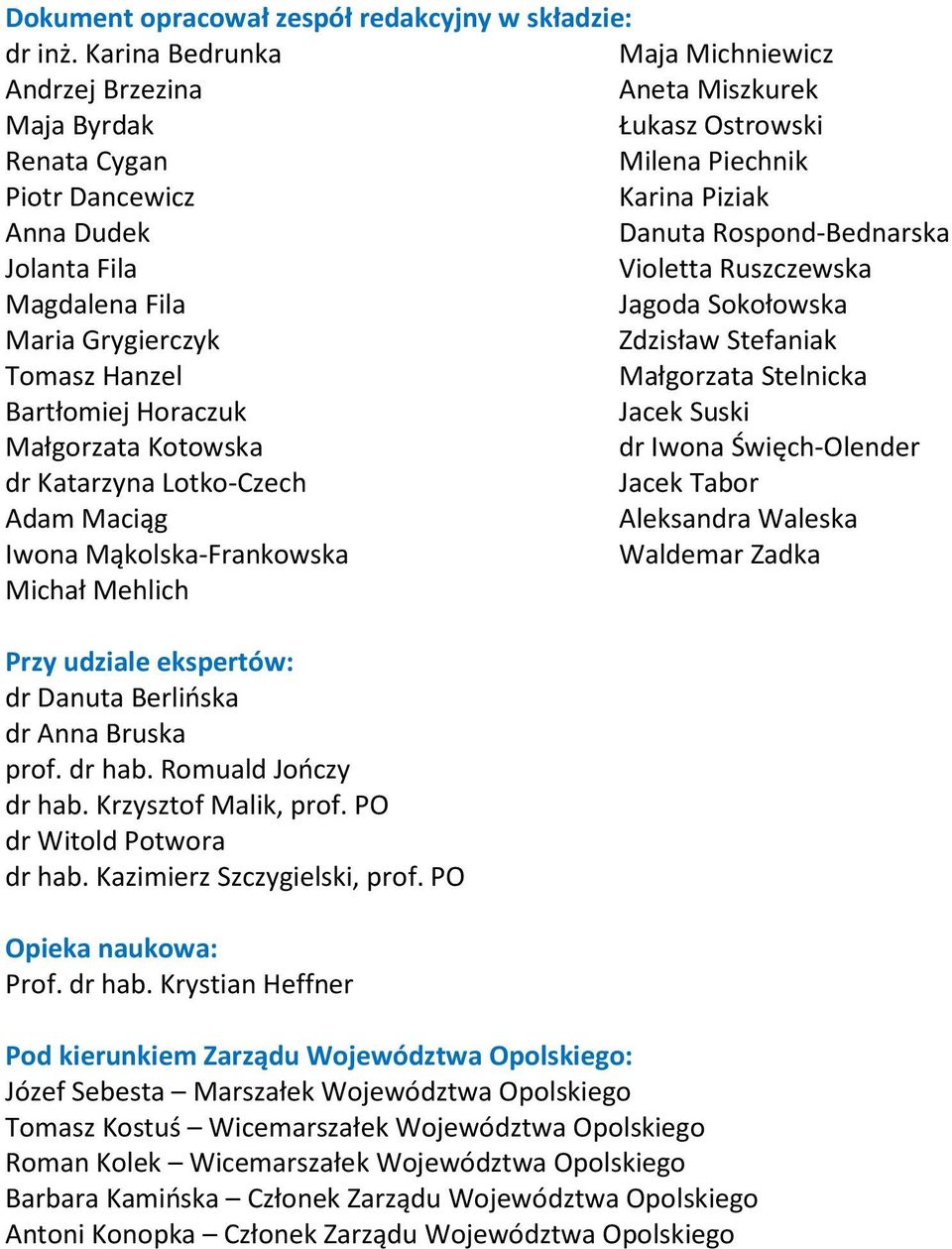 Fila Violetta Ruszczewska Magdalena Fila Jagoda Sokołowska Maria Grygierczyk Zdzisław Stefaniak Tomasz Hanzel Małgorzata Stelnicka Bartłomiej Horaczuk Jacek Suski Małgorzata Kotowska dr Iwona