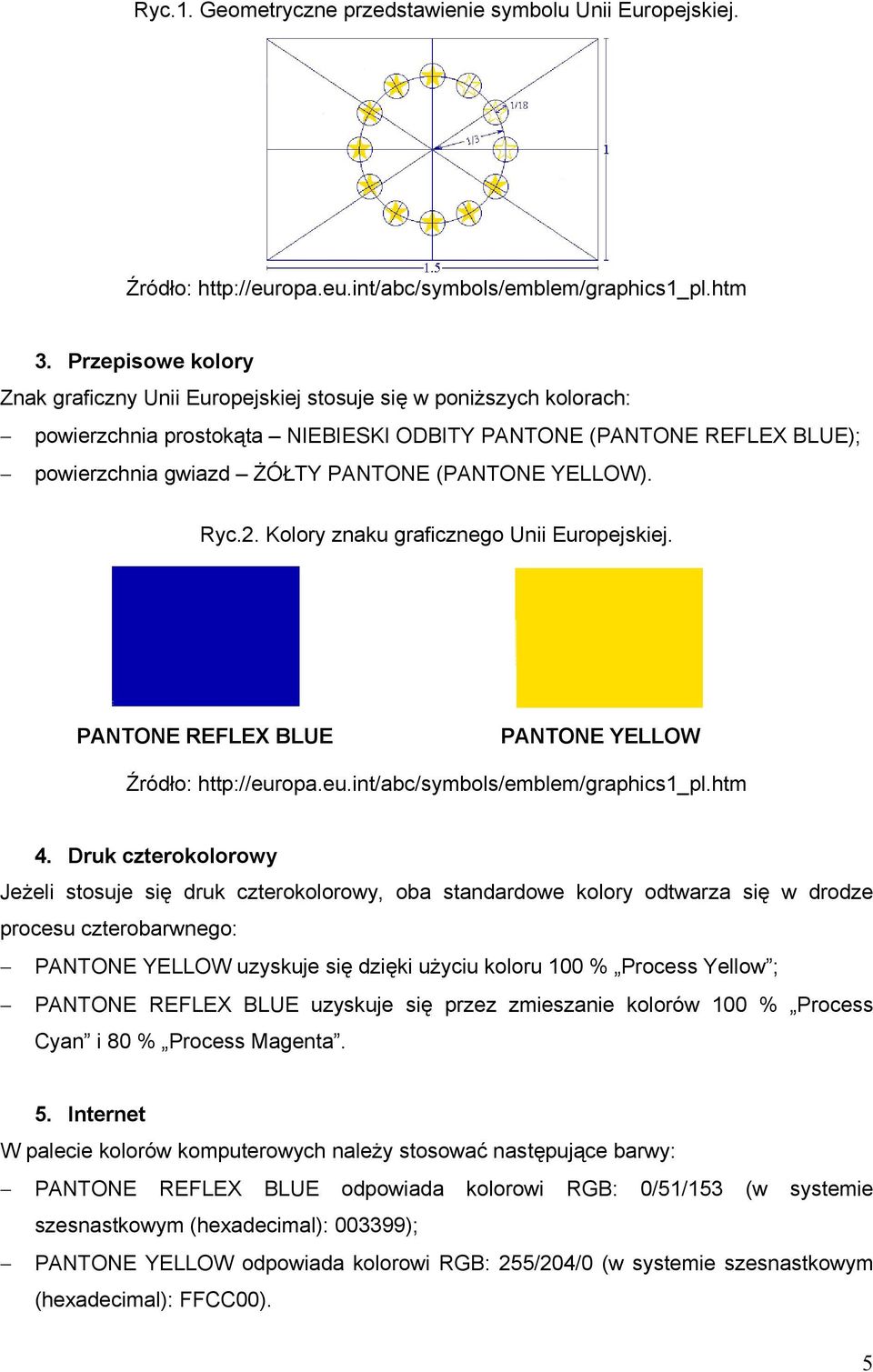 (PANTONE YELLOW). Ryc.2. Kolory znaku graficznego Unii Europejskiej. PANTONE REFLEX BLUE PANTONE YELLOW Źródło: http://europa.eu.int/abc/symbols/emblem/graphics1_pl.htm 4.