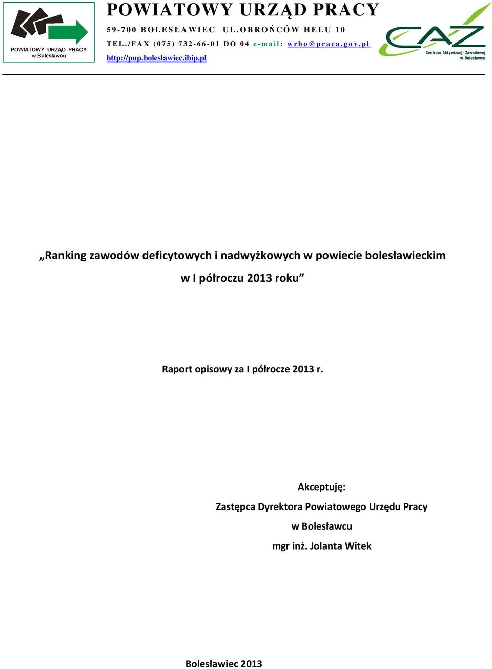 ibip.pl Ranking zawodów deficytowych i nadwyżkowych w powiecie bolesławieckim w I półroczu 2013 roku Raport