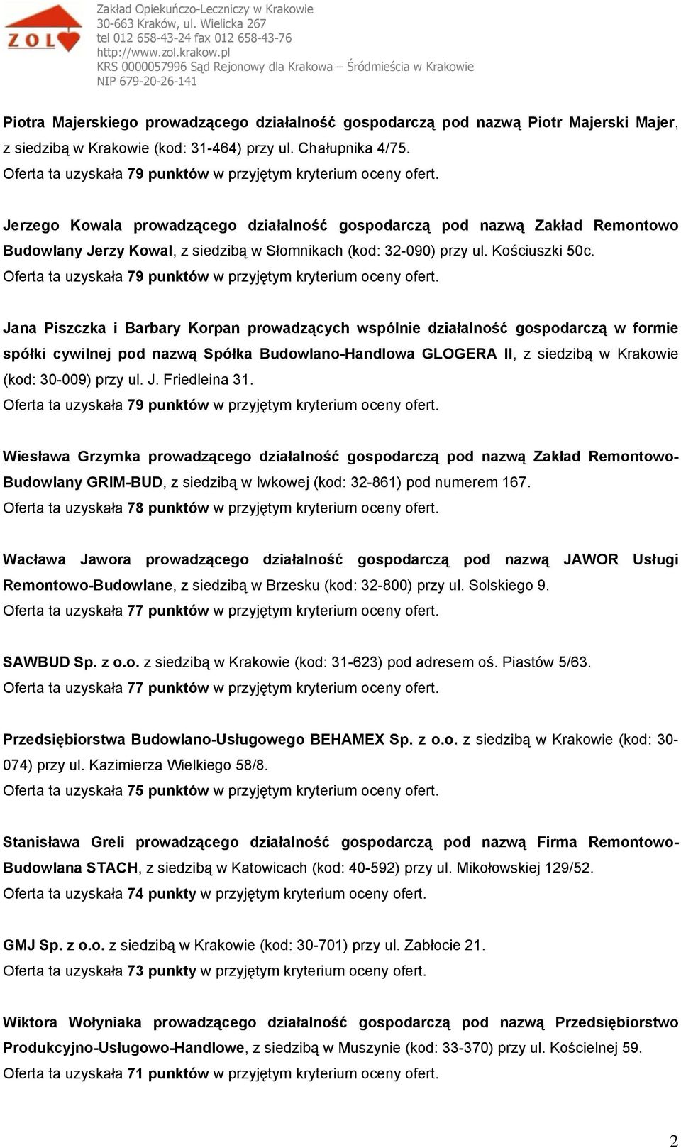 Jana Piszczka i Barbary Korpan prowadzących wspólnie działalność gospodarczą w formie spółki cywilnej pod nazwą Spółka Budowlano-Handlowa GLOGERA II, z siedzibą w Krakowie (kod: 30-009) przy ul. J.