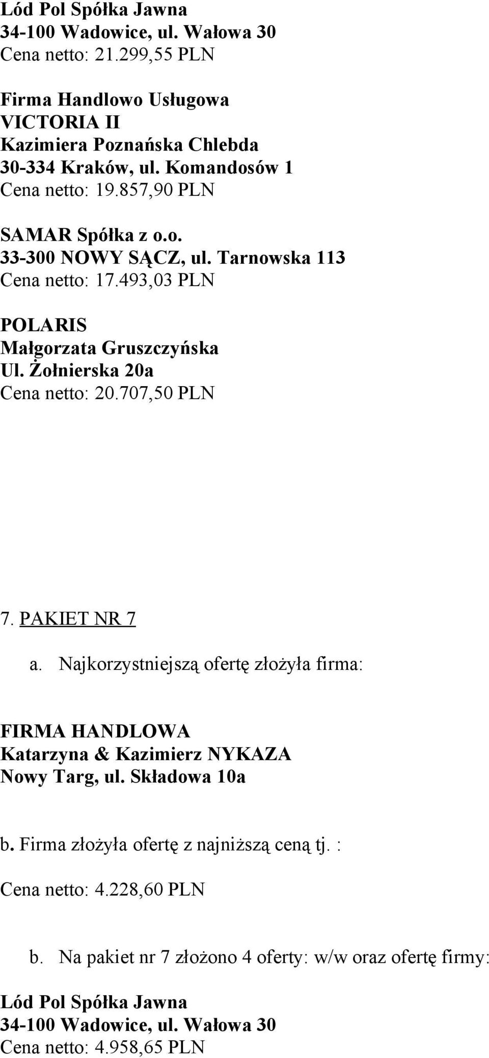 Żołnierska 20a Cena netto: 20.707,50 PLN 7. PAKIET NR 7 a.