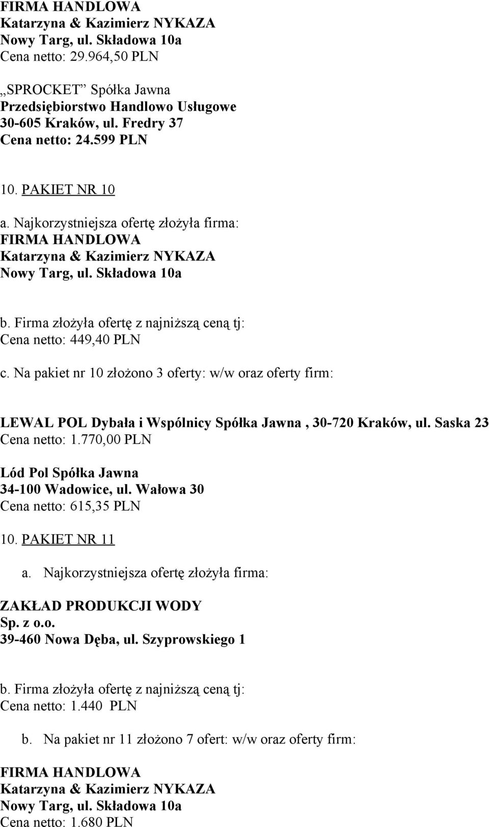 Na pakiet nr 10 złożono 3 oferty: w/w oraz oferty firm: LEWAL POL Dybała i Wspólnicy Spółka Jawna, 30-720 Kraków, ul. Saska 23 Cena netto: 1.770,00 PLN Cena netto: 615,35 PLN 10.