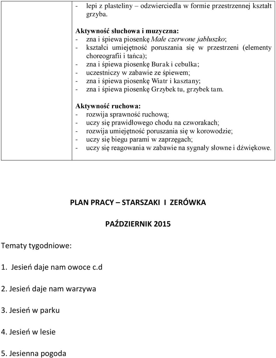 cebulka; - uczestniczy w zabawie ze śpiewem; - zna i śpiewa piosenkę Wiatr i kasztany; - zna i śpiewa piosenkę Grzybek tu, grzybek tam.