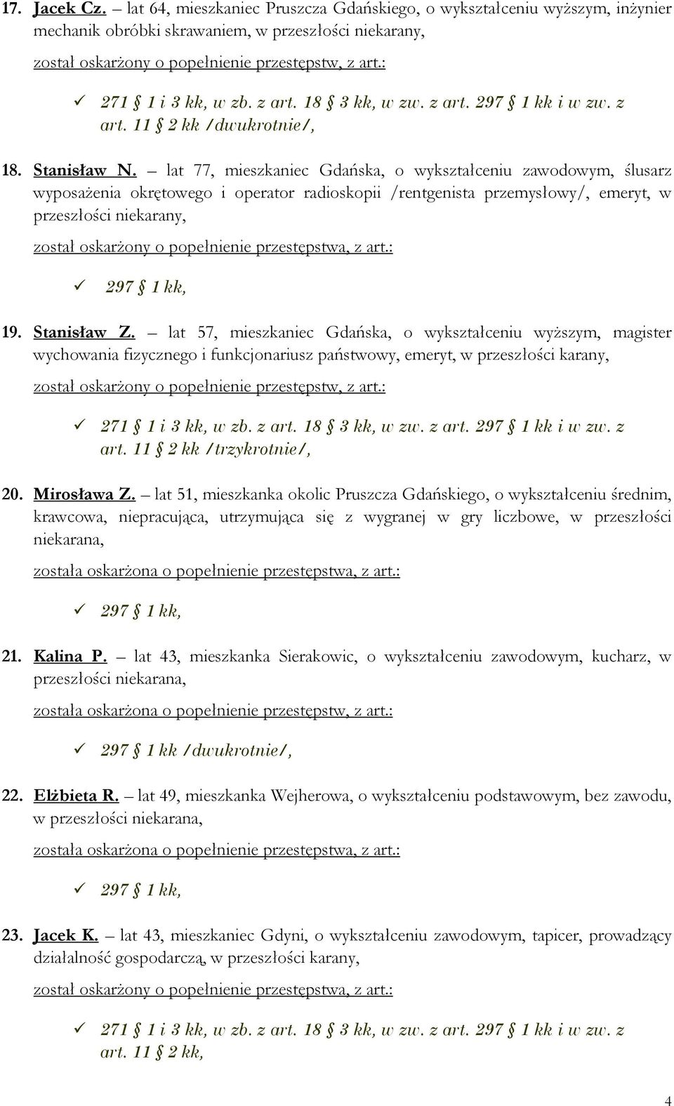 lat 57, mieszkaniec Gdańska, o wykształceniu wyższym, magister wychowania fizycznego i funkcjonariusz państwowy, emeryt, w przeszłości karany, art. 11 2 kk /trzykrotnie/, 20. Mirosława Z.