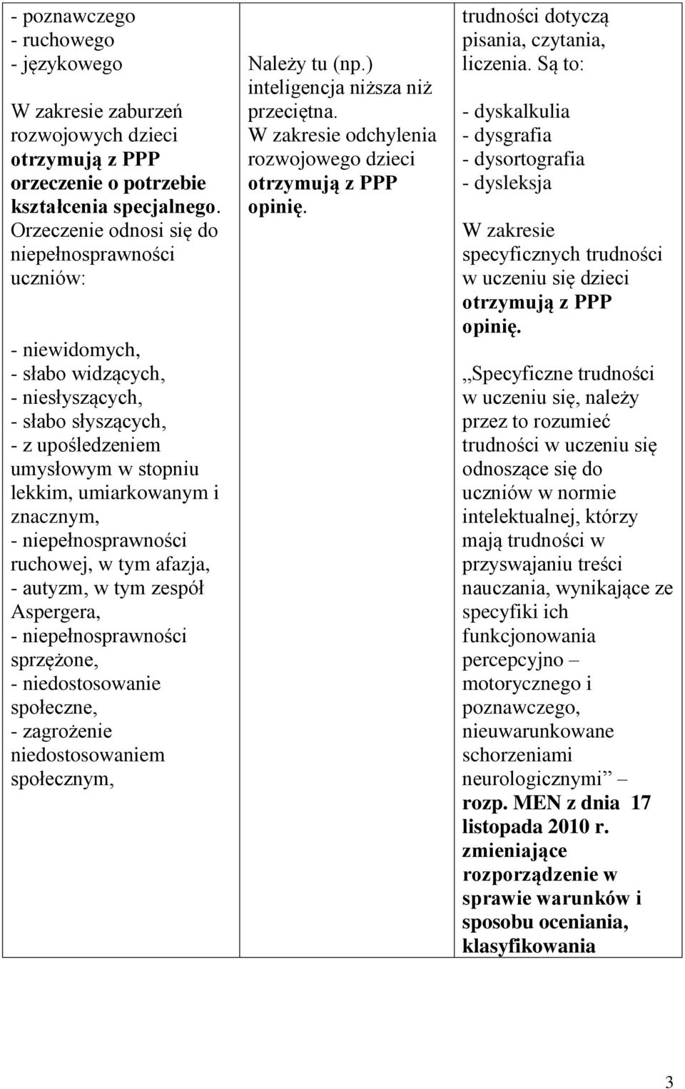 niepełnosprawności ruchowej, w tym afazja, - autyzm, w tym zespół Aspergera, - niepełnosprawności sprzężone, - niedostosowanie społeczne, - zagrożenie niedostosowaniem społecznym, Należy tu (np.