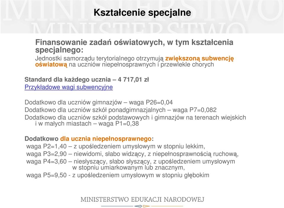 Dodatkowo dla uczniów szkół podstawowych i gimnazjów na terenach wiejskich i w małych miastach waga P1=0,38 Dodatkowo dla ucznia niepełnosprawnego: waga P2=1,40 z upośledzeniem umysłowym w stopniu