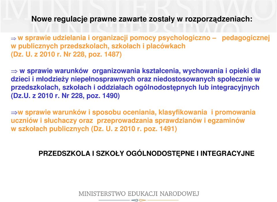 1487) pedagogicznej w sprawie warunków organizowania kształcenia, wychowania i opieki dla dzieci i młodzieży niepełnosprawnych oraz niedostosowanych społecznie w