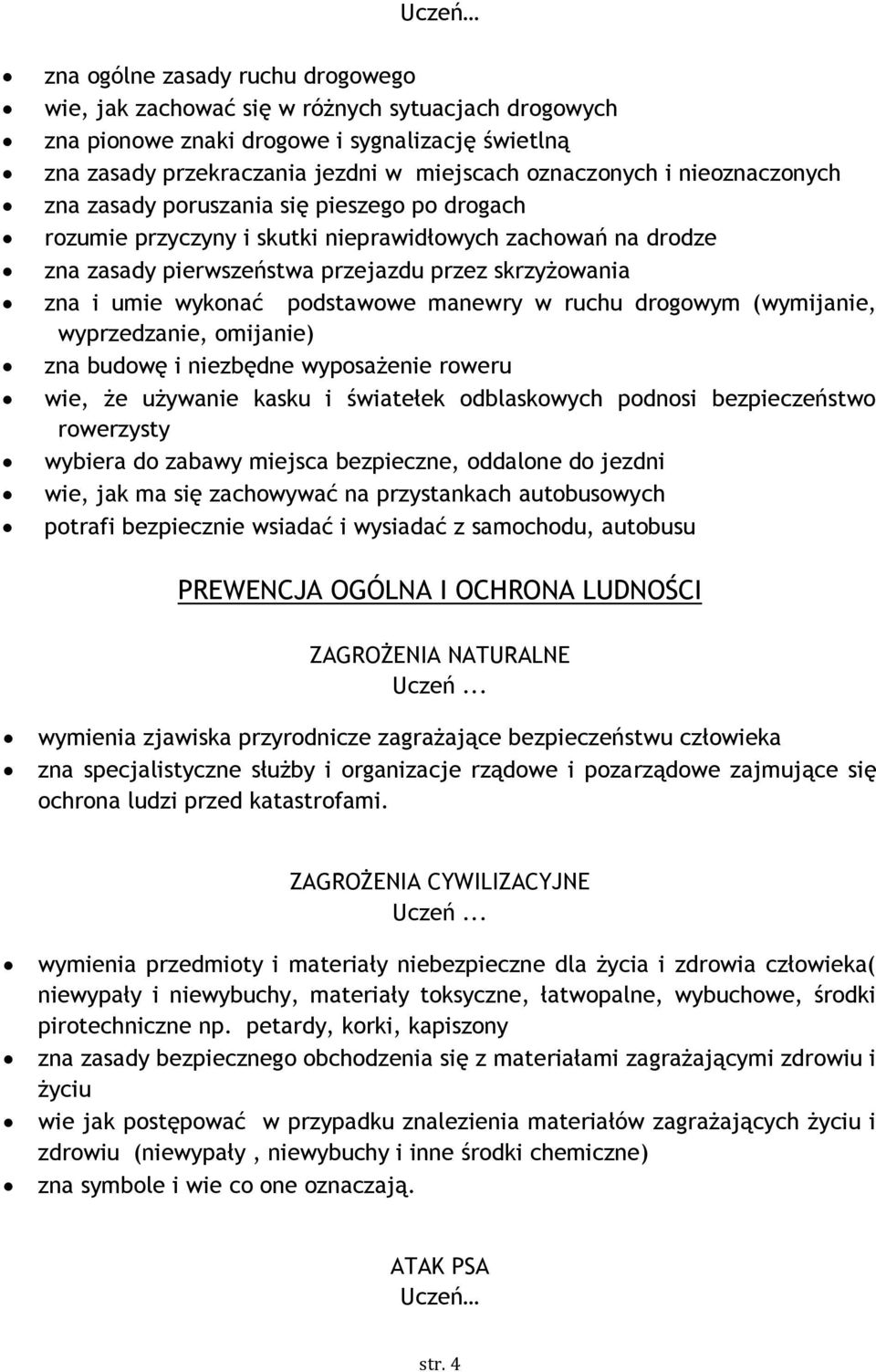 podstawowe manewry w ruchu drogowym (wymijanie, wyprzedzanie, omijanie) zna budowę i niezbędne wyposażenie roweru wie, że używanie kasku i światełek odblaskowych podnosi bezpieczeństwo rowerzysty