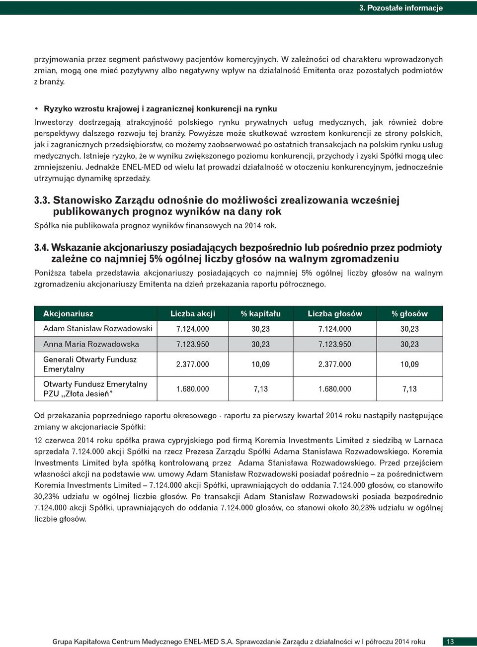 Ryzyko wzrostu krajowej i zagranicznej konkurencji na rynku Inwestorzy dostrzegają atrakcyjność polskiego rynku prywatnych usług medycznych, jak również dobre perspektywy dalszego rozwoju tej branży.