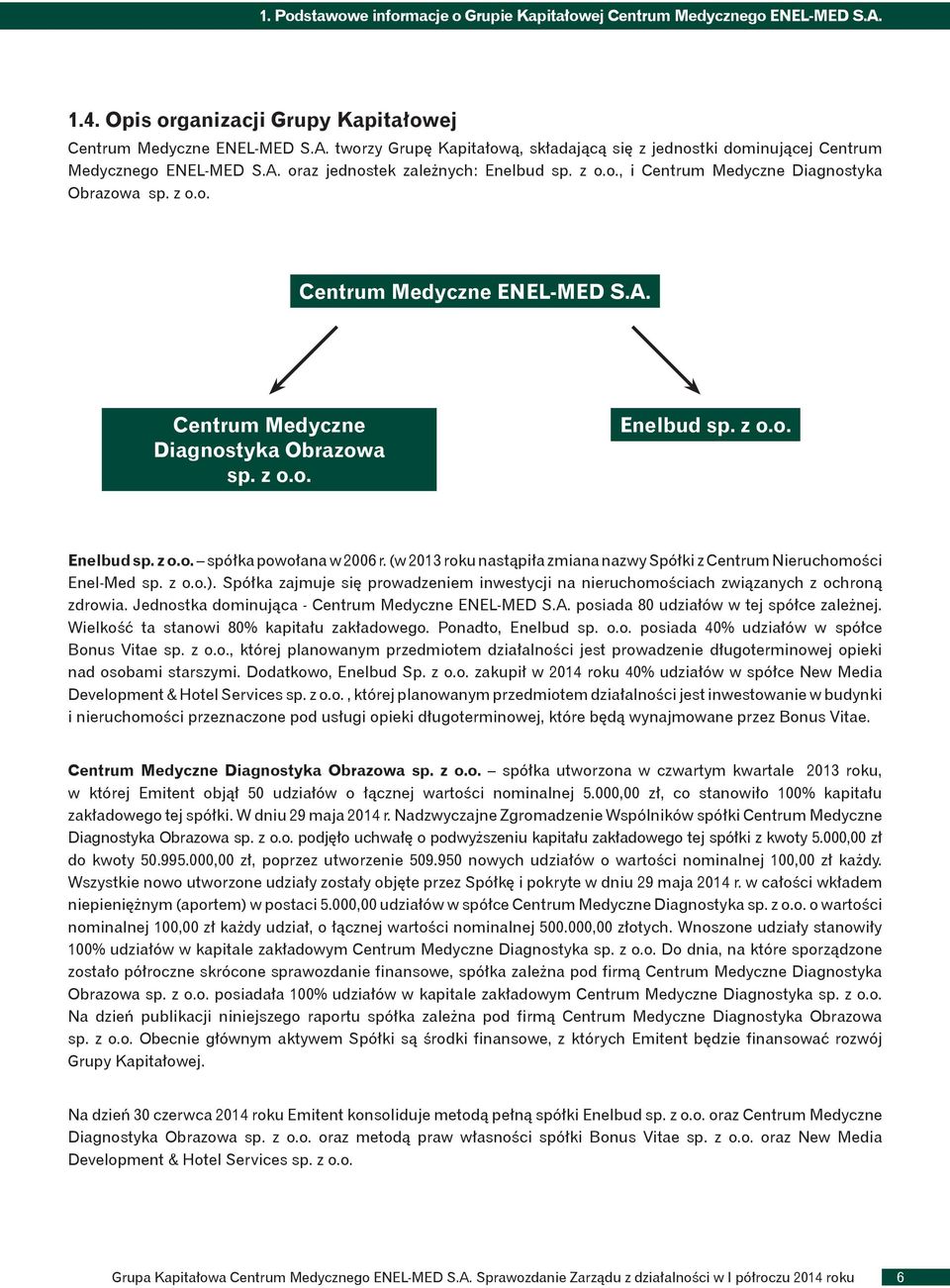 (w 2013 roku nastąpiła zmiana nazwy Spółki z Centrum Nieruchomości Enel-Med sp. z o.o.). Spółka zajmuje się prowadzeniem inwestycji na nieruchomościach związanych z ochroną zdrowia.