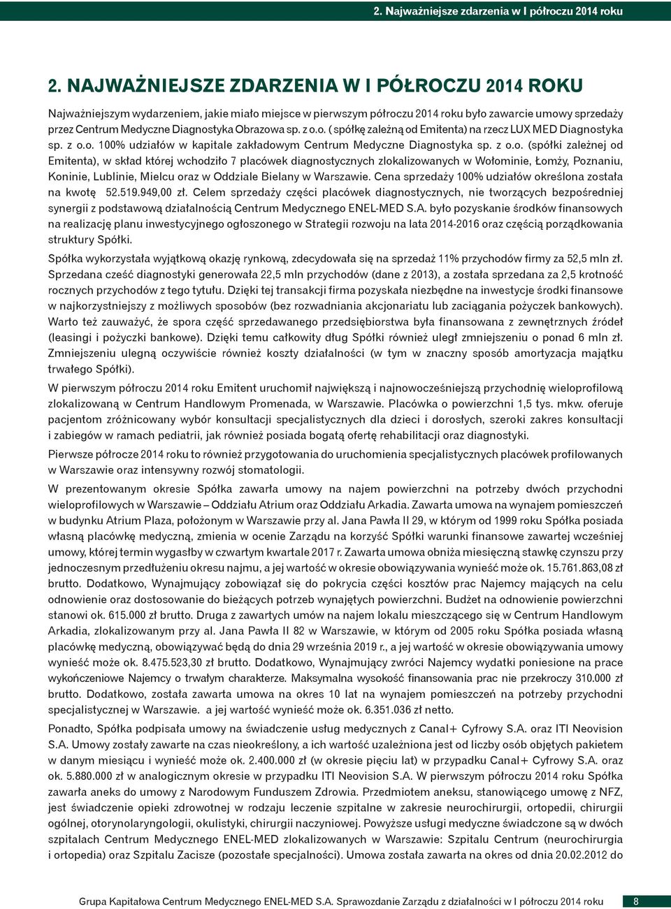 sp. z o.o. ( spółkę zależną od Emitenta) na rzecz LUX MED Diagnostyka sp. z o.o. 100% udziałów w kapitale zakładowym Centrum Medyczne Diagnostyka sp. z o.o. (spółki zależnej od Emitenta), w skład której wchodziło 7 placówek diagnostycznych zlokalizowanych w Wołominie, Łomży, Poznaniu, Koninie, Lublinie, Mielcu oraz w Oddziale Bielany w Warszawie.