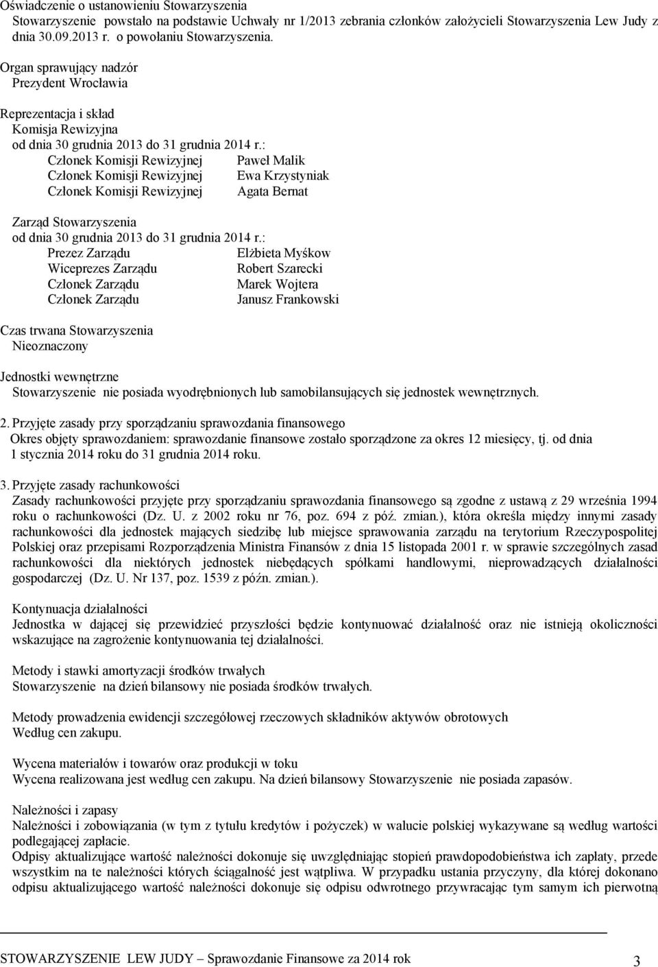 : Członek Komisji Rewizyjnej Paweł Malik Członek Komisji Rewizyjnej Ewa Krzystyniak Członek Komisji Rewizyjnej Agata Bernat Zarząd Stowarzyszenia od dnia 30 grudnia 2013 do 31 grudnia 2014 r.