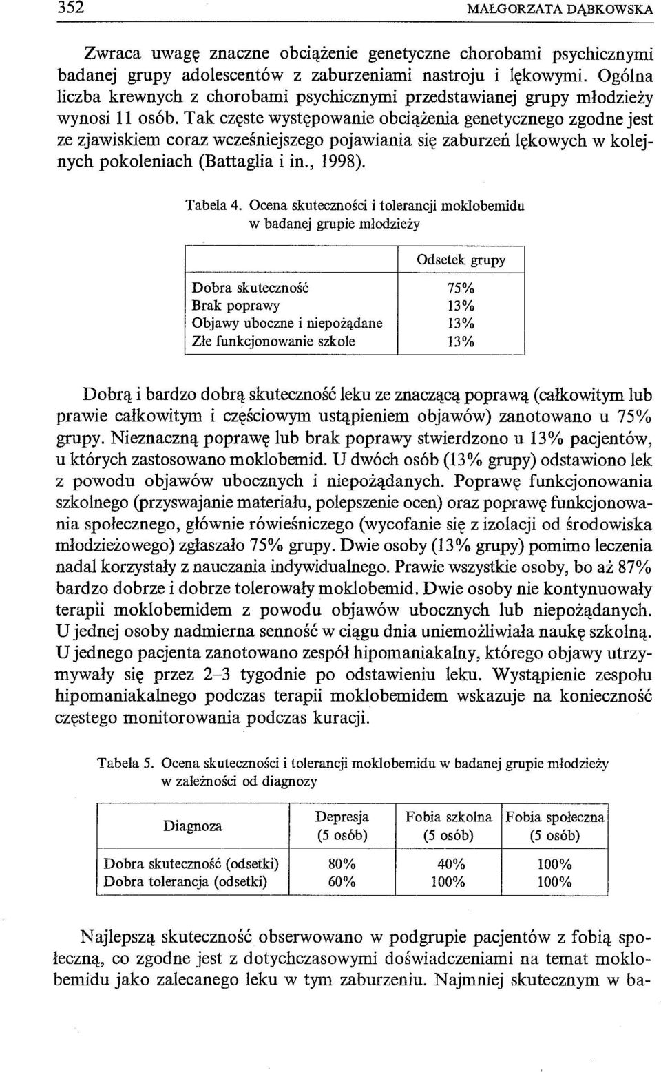 Tak częste występowanie obciążenia genetycznego zgodne jest ze zjawiskiem coraz wcześniejszego pojawiania się zaburzeń lękowych w kolejnych pokoleniach (Battaglia i in., 1998). Tabela 4.