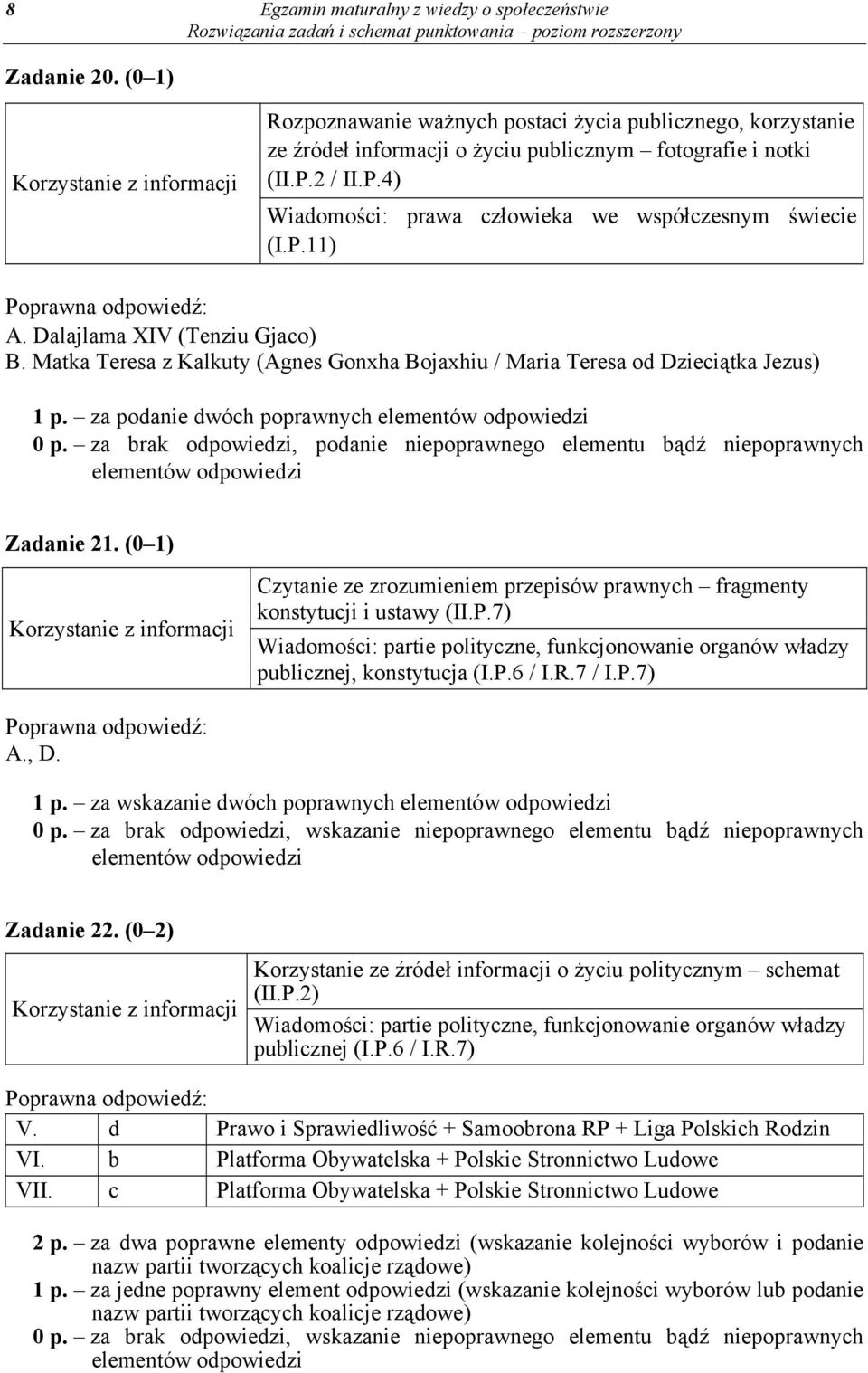 za podanie dwóch poprawnych 0 p. za brak odpowiedzi, podanie niepoprawnego elementu bądź niepoprawnych Zadanie 21. (0 1) Czytanie ze zrozumieniem przepisów prawnych fragmenty konstytucji i ustawy (II.