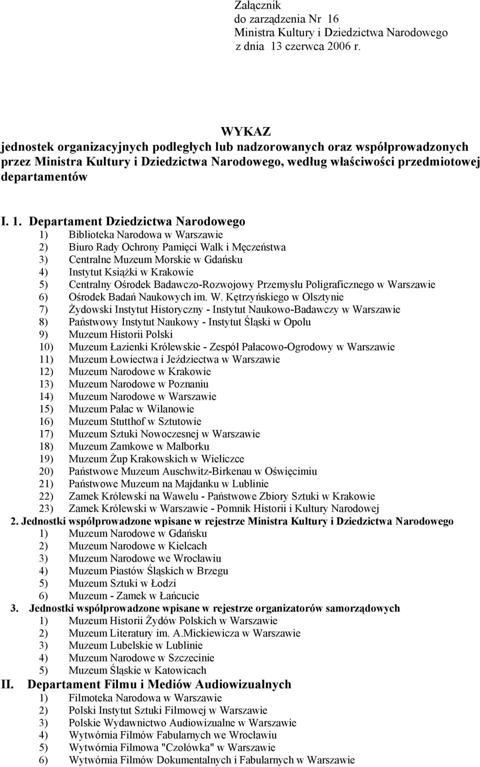 Departament Dziedzictwa Narodowego 1) Biblioteka Narodowa w Warszawie 2) Biuro Rady Ochrony Pamięci Walk i Męczeństwa 3) Centralne Muzeum Morskie w Gdańsku 4) Instytut Książki w Krakowie 5) Centralny