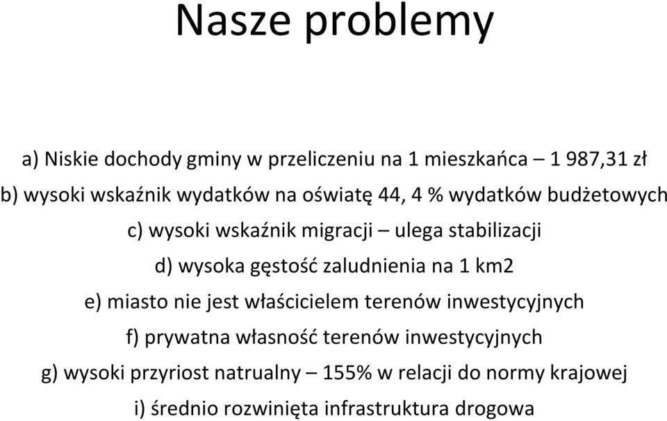 zaludnienia na 1 km2 e) miasto nie jest właścicielem terenów inwestycyjnych f) prywatna własność terenów