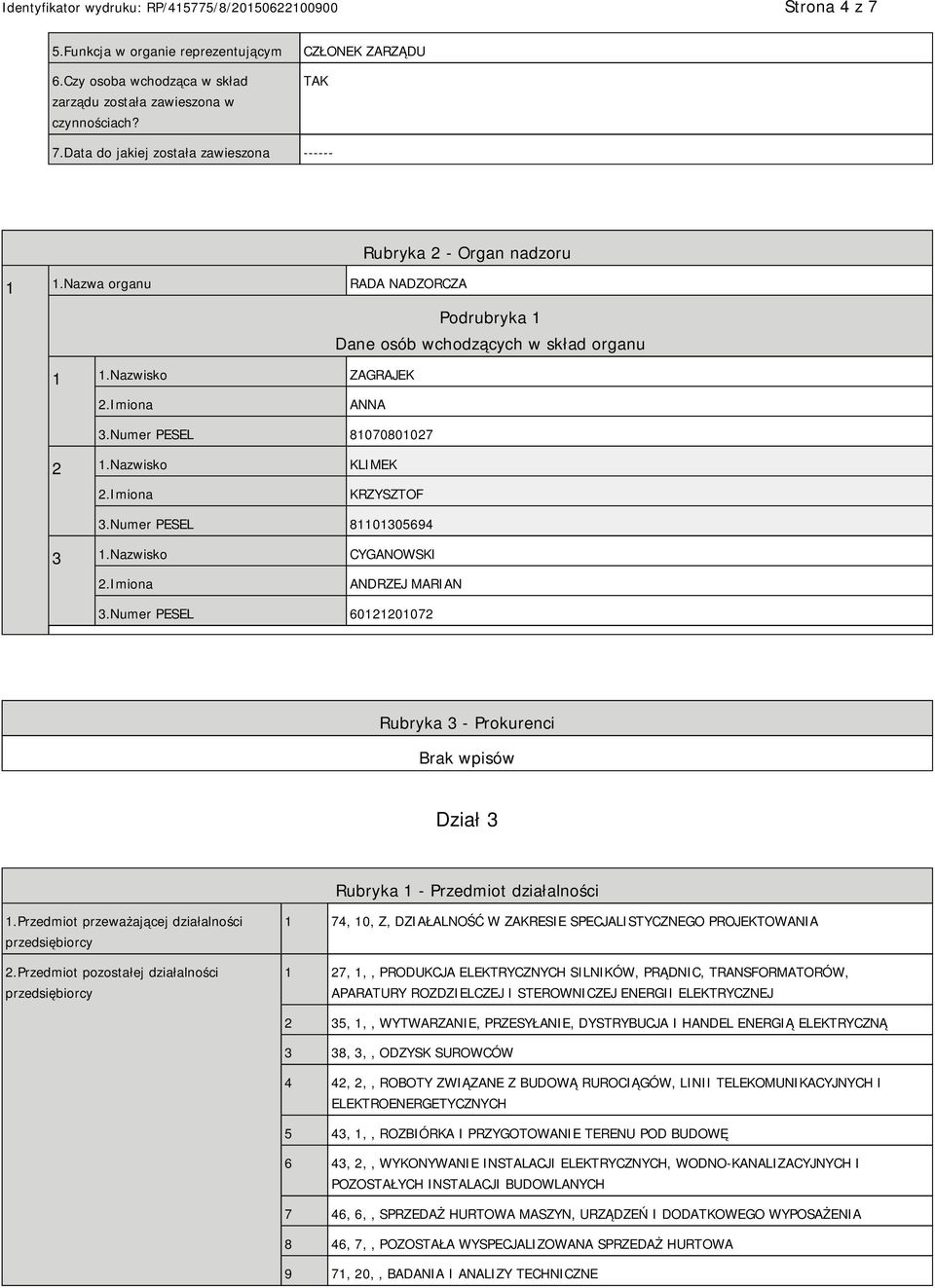 Nazwisko KLIMEK KRZYSZTOF 3.Numer PESEL 81101305694 3 1.Nazwisko CYGANOWSKI ANDRZEJ MARIAN 3.Numer PESEL 60121201072 Rubryka 3 - Prokurenci Dział 3 Rubryka 1 - Przedmiot działalności 1.