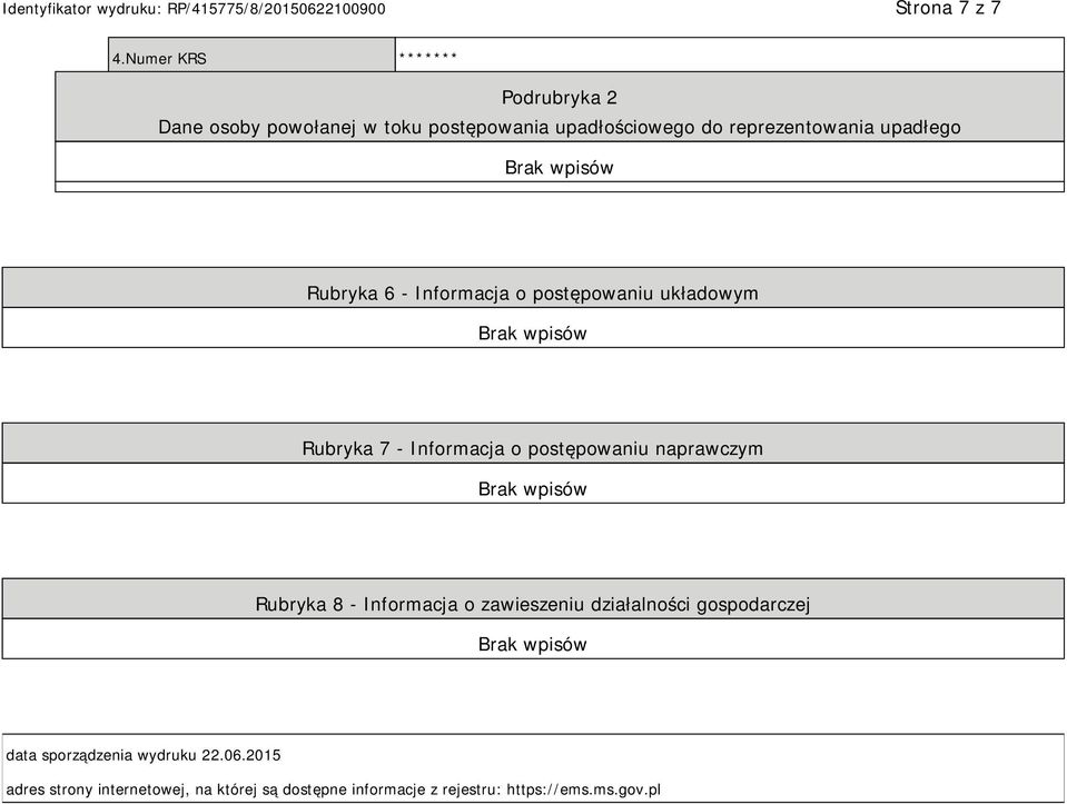 reprezentowania upadłego Rubryka 6 - Informacja o postępowaniu układowym Rubryka 7 - Informacja o