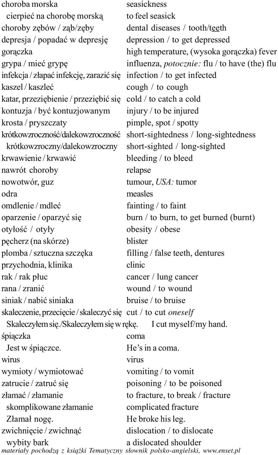 cough katar, przeziêbienie / przeziêbiæ siê cold / to catch a cold kontuzja / byæ kontuzjowanym injury / to be injured krosta / pryszczaty pimple, spot / spotty krótkowzrocznoœæ/dalekowzrocznoœæ