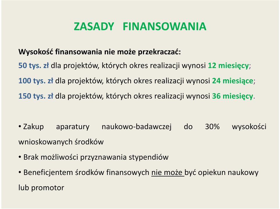 zł dla projektów, których okres realizacji wynosi 24 miesiące; 150 tys.