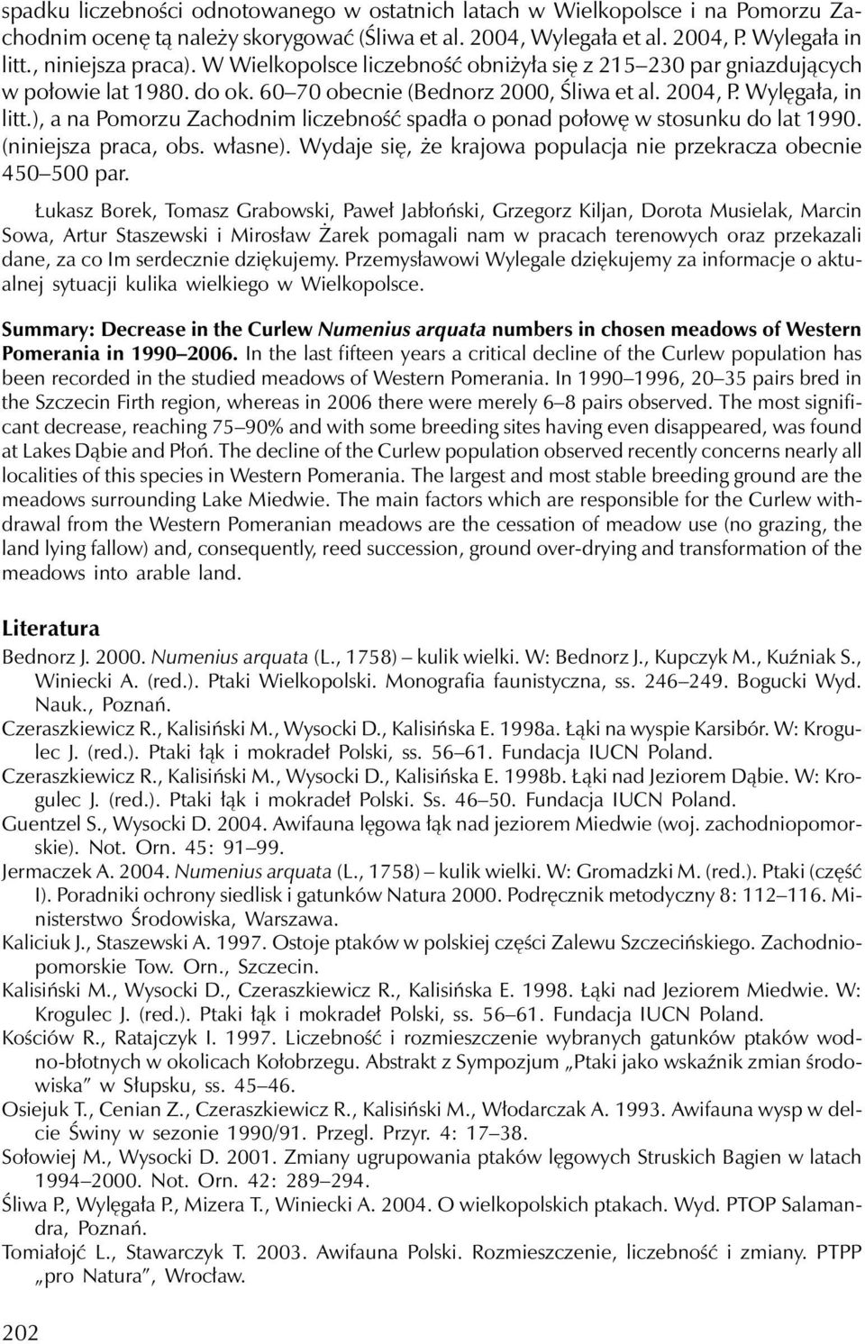 ), a na Pomorzu Zachodnim liczebność spadła o ponad połowę w stosunku do lat 1990. (niniejsza praca, obs. własne). Wydaje się, że krajowa populacja nie przekracza obecnie 450 500 par.