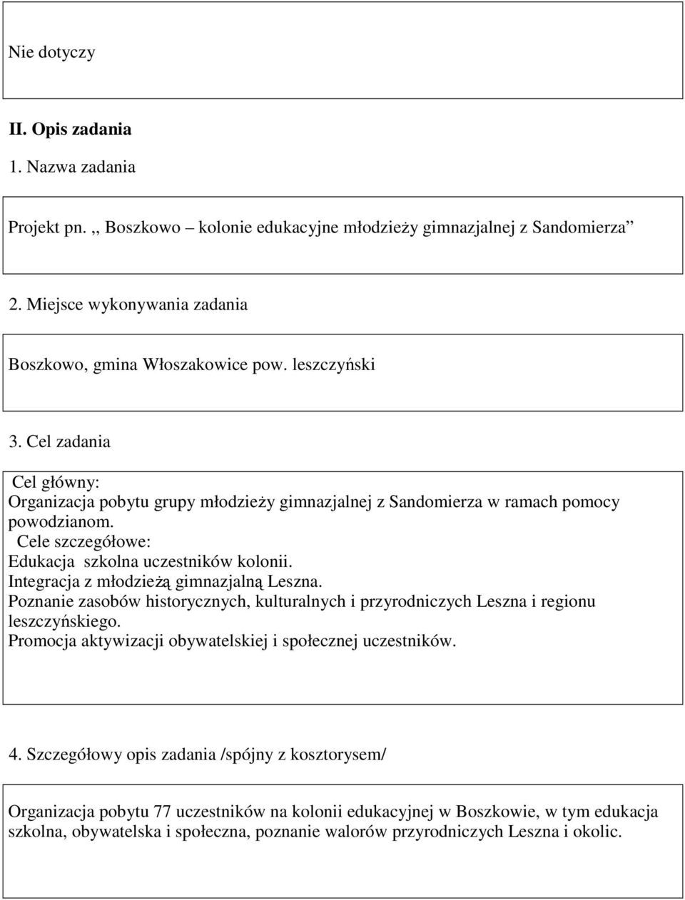 Integracja z młodzieŝą gimnazjalną Leszna. Poznanie zasobów historycznych, kulturalnych i przyrodniczych Leszna i regionu leszczyńskiego. Promocja aktywizacji obywatelskiej i społecznej uczestników.