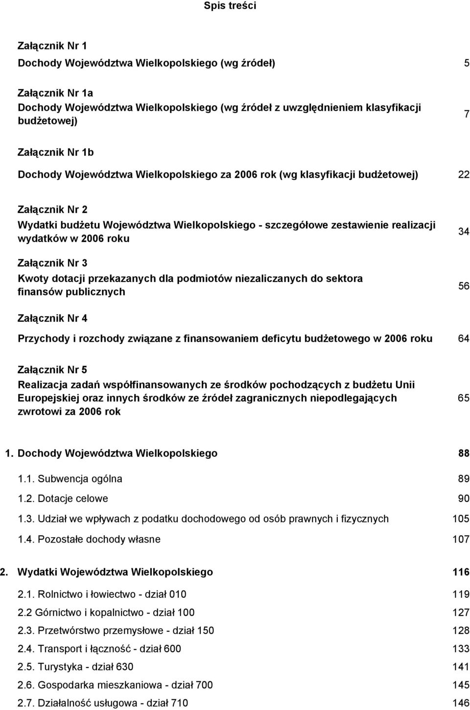 Załącznik Nr 3 Kwoty dotacji przekazanych dla podmiotów niezaliczanych do sektora finansów publicznych 34 56 Załącznik Nr 4 Przychody i rozchody związane z finansowaniem deficytu budżetowego w 2006