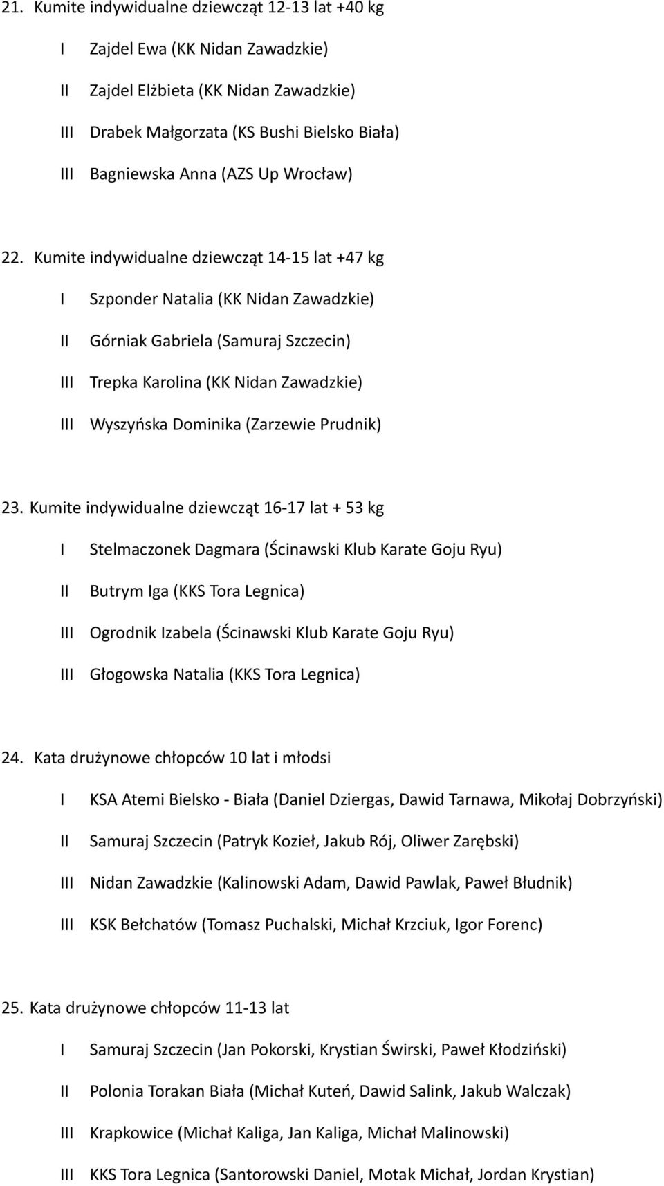 Kumite indywidualne dziewcząt 16-17 lat + 53 kg Stelmaczonek Dagmara (Ścinawski Klub Karate Goju Ryu) Butrym ga (KKS Tora Legnica) Ogrodnik zabela (Ścinawski Klub Karate Goju Ryu) Głogowska Natalia