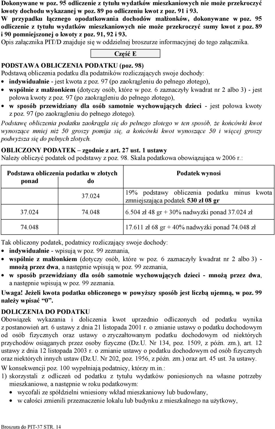 91, 92 i 93. Opis załącznika PIT/D znajduje się w oddzielnej broszurze informacyjnej do tego załącznika. Część E PODSTAWA OBLICZENIA PODATKU (poz.