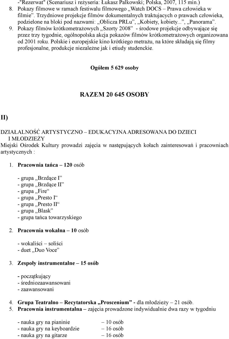 Pokazy filmów krótkometrażowych Szorty 2008 - środowe projekcje odbywające się przez trzy tygodnie, ogólnopolska akcja pokazów filmów krótkometrażowych organizowana od 2001 roku.