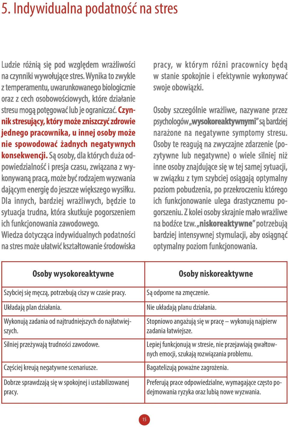 Częściej kreują negatywne scenariusze. Dobrze sprawdzają się w spokojnej i ustabilizowanej pracy. Są odporne na zmęczenie. Osoby niskoreaktywne Nie układają planu działania.