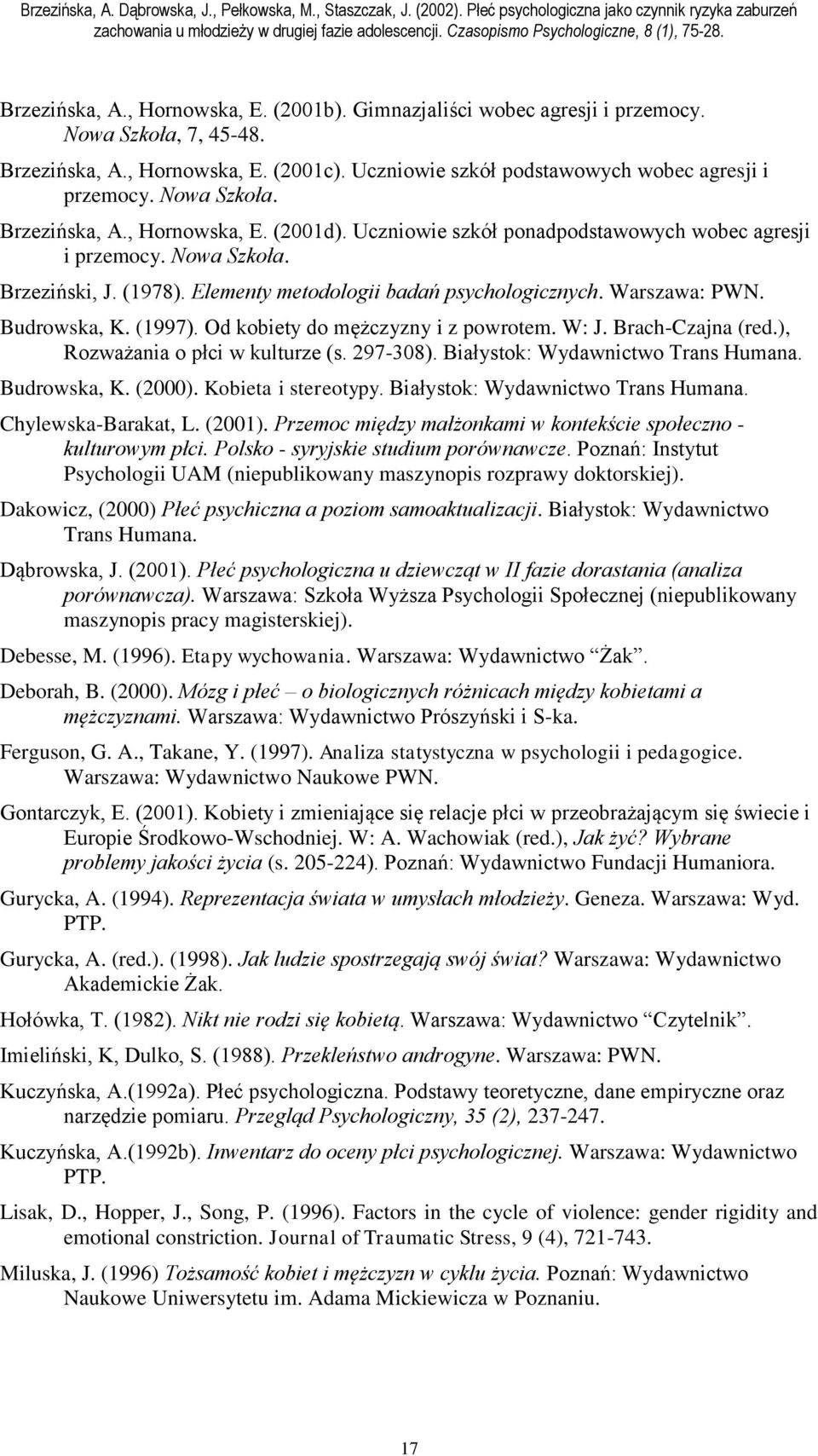 Warszawa: PWN. Budrowska, K. (1997). Od kobiety do mężczyzny i z powrotem. W: J. Brach-Czajna (red.), Rozważania o płci w kulturze (s. 297-308). Białystok: Wydawnictwo Trans Humana. Budrowska, K. (2000).