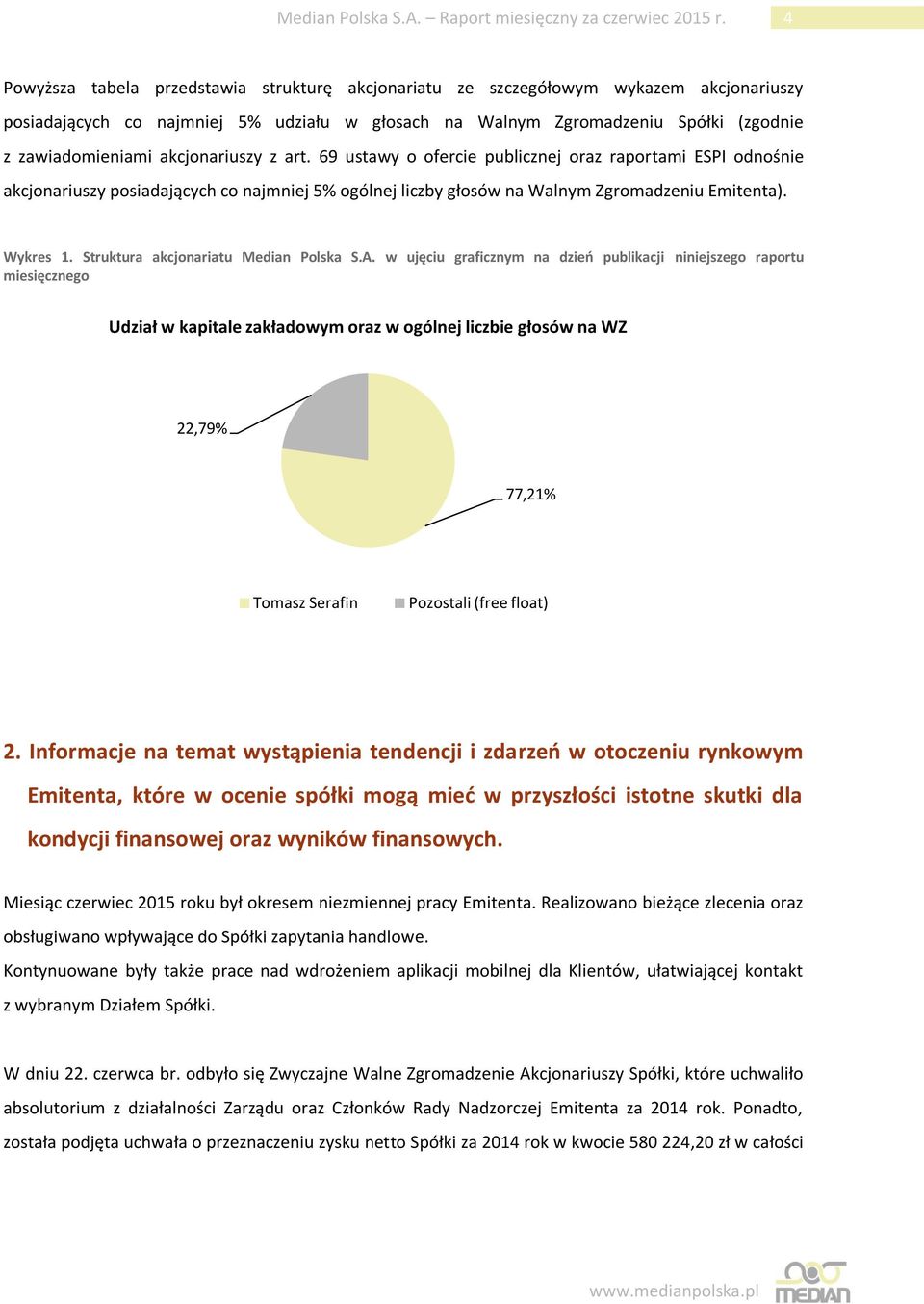 akcjonariuszy z art. 69 ustawy o ofercie publicznej oraz raportami ESPI odnośnie akcjonariuszy posiadających co najmniej 5% ogólnej liczby głosów na Walnym Zgromadzeniu Emitenta). Wykres 1.